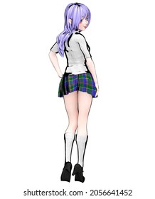 3D Sexy Anime Doll Japanese Schoolgirl Skirt Big Blue Eyes And Bright Makeup.Comic Cosplay Hero.Cartoon, Comics, Manga Illustration.Conceptual Fashion Art.Isolate Render