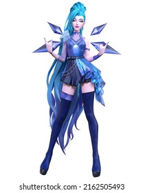 3D Sexy Anime Woman.Long Blue Hair.Futuristic Extravagant Latex Clothing And Stockings.Comic Cosplay Hero.Cartoon, Comics, Manga Illustration.Ice Princess.