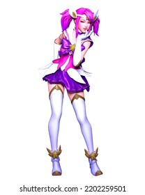 3D Sexy Anime Woman.Long Pink Hair.Futuristic Extravagant Latex Clothing And Stockings.Comic Cosplay Hero.Cartoon, Comics, Manga Illustration.Ice Princess.