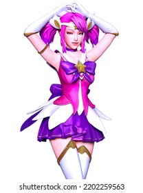 3D Sexy Anime Woman.Long Pink Hair.Futuristic Extravagant Latex Clothing And Stockings.Comic Cosplay Hero.Cartoon, Comics, Manga Illustration.Ice Princess.