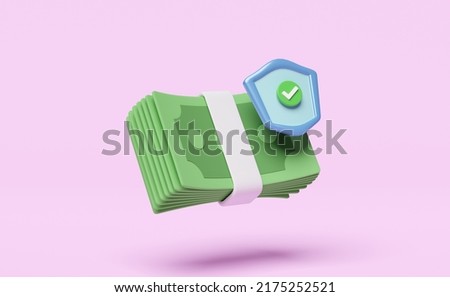 3d shield with banknote stack icon, checkmark isolated on pink background. economic movements or business finance saving money, financial business protection concept, 3d render illustration 