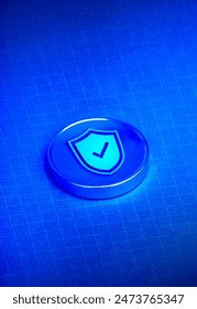 3d shield padlock on round chrome button on dark blue background with white abstract tech grid interface, digital cyberspace, network connection. Cyber security, data protection technology concepts.