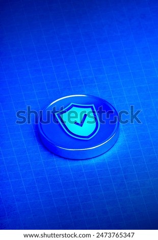 3d shield padlock on round chrome button on dark blue background with white abstract tech grid interface, digital cyberspace, network connection. Cyber security, data protection technology concepts.