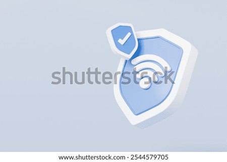 3d Shield with a security protection privacy password secure personal Wi-Fi icon symbol. Wireless network connection. Security protection privacy password secure personal blue shield concept 3d render
