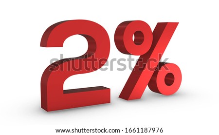 3D Shiny Red Number Two Percent 2% Isolated on White Background.