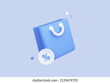 3D Shopping bag with discount. Online shopping concept. Sale on goods. Cartoon paper package icon isolated on blue background. Pastel color. 3D Rendering