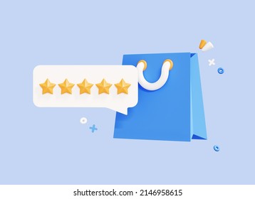 3D Shopping Bag With Five Star Rating For Products. Good Seller Review. Customer Rating Feedback Concept. Best Grocery Store And Supermarket. Cartoon Icon Isolated On Blue Background. 3D Rendering
