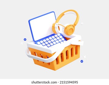 3D Shopping basket and Laptop   Headphones  Online shopping concept  Electronics sales marketing  Full cart purchases  Cartoon creative design icon isolated white background  3D Rendering