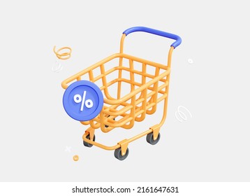 3D Shopping cart with discount. Online shopping concept. Sale on goods in supermarket. Yellow minimal basket for purchases. Cartoon creative design icon isolated on white background. 3D Rendering - Powered by Shutterstock