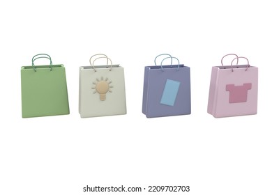 3D Shopping Gift Bags Set Cartoon Minimal .Stylish Fashionable Bag Holiday Promotions Isolated On White Background.Digital Wallet And Online Payment Shopping Concept.3d Rendering Illustration Design