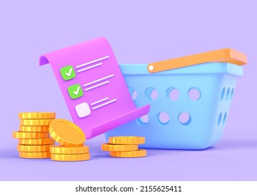 3D Shopping list for store. Check list with green check marks, buy basket and moneys on purple background. Wishlist with stack gold coins for order grocery online. Cartoon 3d render illustration