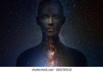 3D. Silhouette of man with universe background
