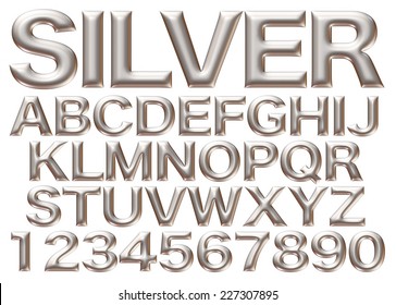 3d Silver big alphabets with numbers on white background 