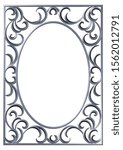 3d silver oval frame swirl floral design ornamental. Decoration curl scroll pattern. Vintage decorative element