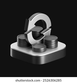 
3D silver transfer arrows icon with black coin. Mobile banking, Online payment service, Cash back, Refund money, Currency exchange. Return of Investment and business concept. 3d render.