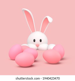 3d simple easter bunny rabbit hiding and spies on pink painted egg on pink pastel background 3d illustration. Easter holiday concept 3d render.