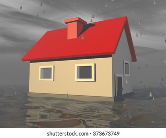 3d Simple House With Foundation Under Water.