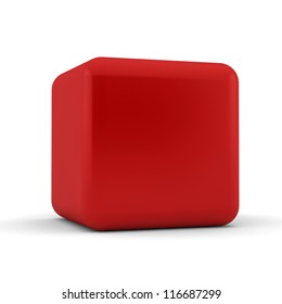 3d Simple Red Cube With Blank Faces And Equilateral Sides That Are Bevelled , Rounded And Shaped On A White Background