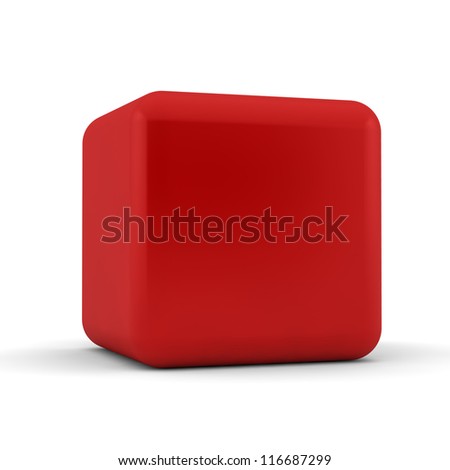 3d simple red cube with blank faces and equilateral sides that are bevelled , rounded and shaped on a white background