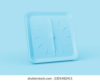 3d Simple Soft Blue Square Wall Clock, 6 O'Clock Six O'Clock On Soft Blue Background 3d illustration