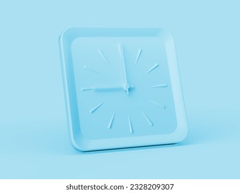 3d Simple Soft Blue Square Wall Clock 9 O'Clock Nine O'Clock On Blue Background 3d illustration