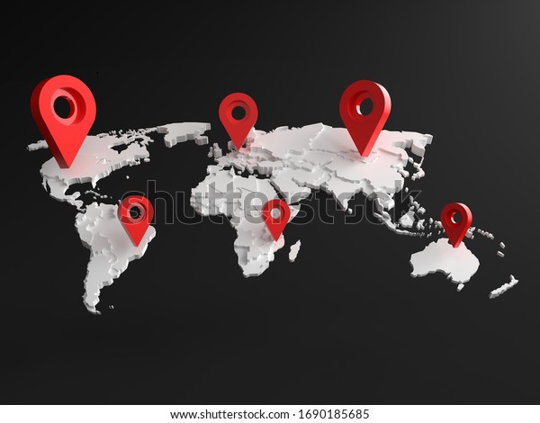 3D simulated world map White colors divided\
into zones for each continent. And there is a red placemark symbol\
for telling the location, Isolated on black backgrounds. Minimalist\
Black, 3D rendering.