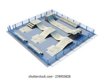 3d Skatepark Nobody Isolate Don White Background. 3d Illustration.