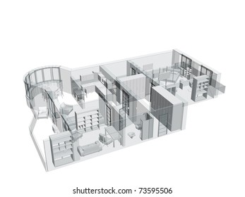3d sketch of a four-room apartment. Isolated over white