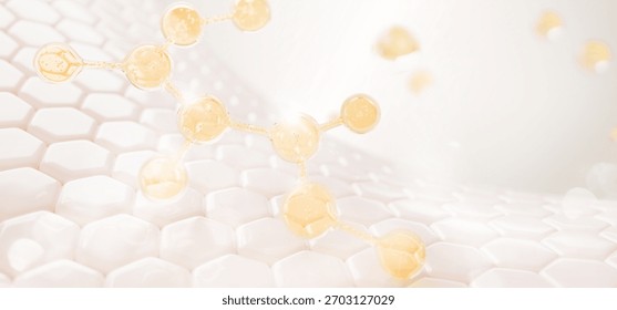 3d skin cells with hexagon pattern and biomimetic molecule. Liquid cosmetic formula with bubbles. Gold collagen peptide serum, retinol gel cream, hyaluron moisture skincare product. 3D Illustration