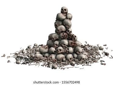 3D Skulls Stacked And Bone Fragments Illustration