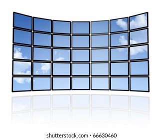 3D Sky Wall Of Flat Tv Screens, Isolated On White. With 2 Clipping Paths : Global Scene Clipping Path And Screens Clipping Path To Place Your Designs Or Pictures