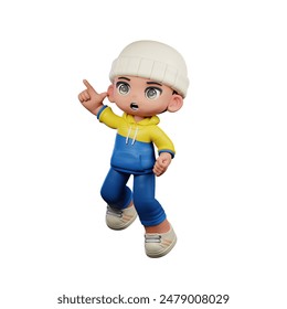 3d Small Boy with a Hat and Blue Pants Doing Happy Jumping Pose