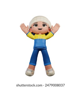 3d Small Boy with a Hat and Blue Pants Jump Pose