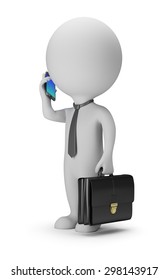 3d small people - businessman with phone. 3d image. White background.
