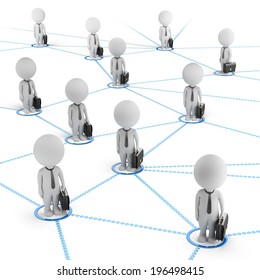 3d small people - businessmen standing in the global network of cells. 3d image. White background.
