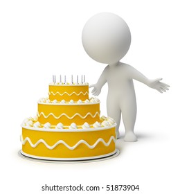 3d small people and a cake to birthday. 3d image. Isolated white background.