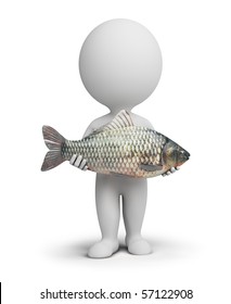 3d Small People With Fish In Hands. 3d Image. Isolated White Background.