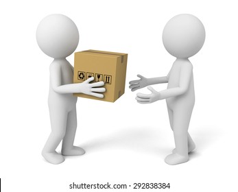 3d small people give a package to customer. 3d image. Isolated white background