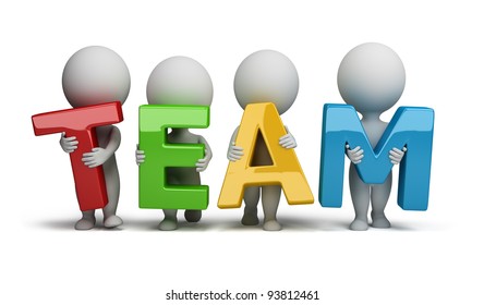 3d small people holding hands in the word "team". 3d image. Isolated white background.