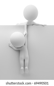 3d small people holds by the hand the falling person. 3d image. Isolated white background.