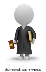 3d small people - judge in a cloak with a hammer and the book. 3d image. Isolated white background.
