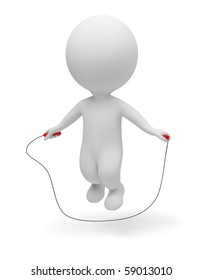 3d small people jumping through a skipping rope. 3d image. Isolated white background.
