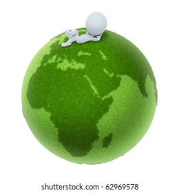 3d small people lying on a green planet. 3d image. Isolated white background.