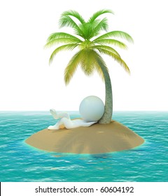 3d Small People On Has A Rest A Desert Island. 3d Image. Isolated White Background.