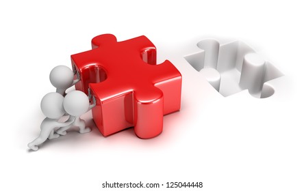 3d Small People Pushing Big Puzzle Stock Illustration 125044448