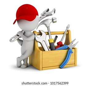 3d small people - repairman near the toolbox. 3d image. White background. - Powered by Shutterstock