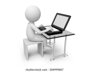 3D small people sitting at the table and working on a laptop computer