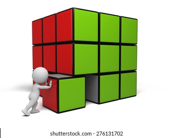 3d small people with some cubes. 3d image. Isolated white background