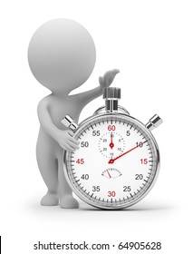 3d small people start pressing the button on a stop watch. 3d image. Isolated white background. Clipping path included.