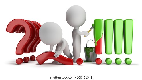 3d small people straighten question marks and exclamation marks painted. 3d image. Isolated white background.